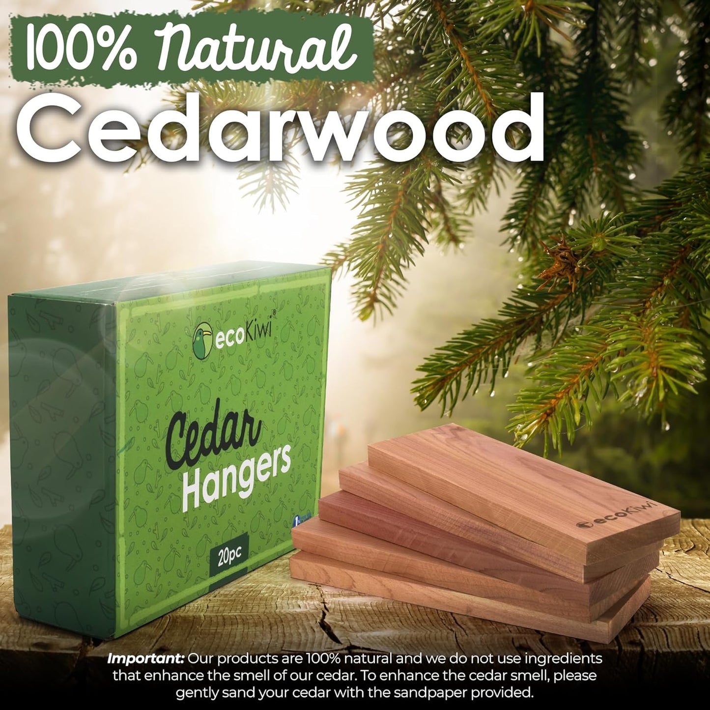 ecoKiwi Cedar Blocks for Clothes Storage - 20 Pack Hang Ups - 100% Natural Aromatic Cedar Planks for Closets and Drawers - Cedar Wood Hangers Balls Chips with Sandpaper - Cedarwood Scented Freshener