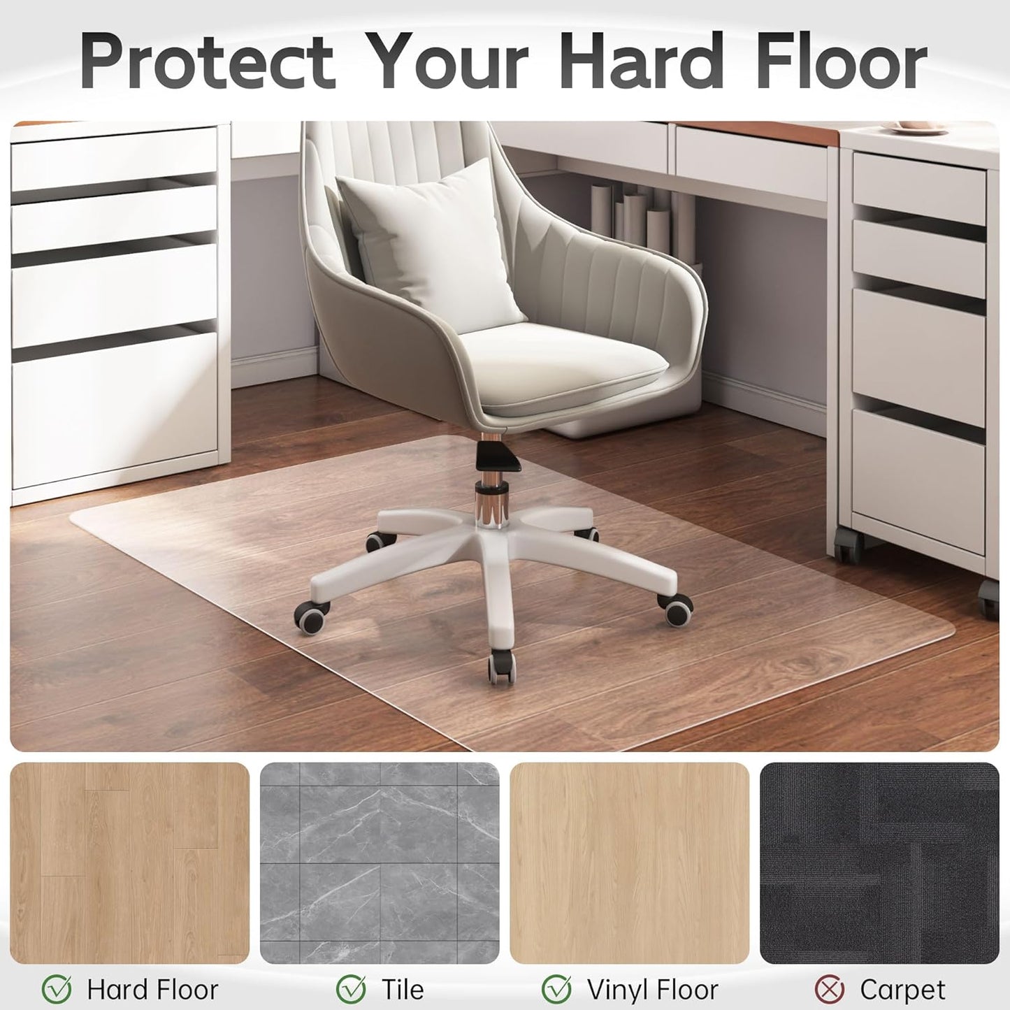 Office Chair Mat for Hardwood Floor, 60" x 40" Clear Computer/Desk Chair Mat for Hard Floor, Thicker, Easy Glide, Non-Slip, Protects Hard Surfaces from Scratches, Ideal for Home or Office