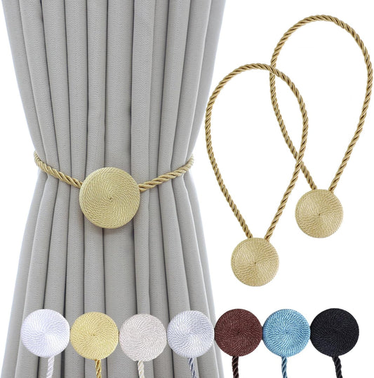 Magnetic Curtain Tiebacks - 12mm Magnetic Tie Backs for Curtains, Heavy Duty No Drill Curtain Holdbacks for Home/Office Windows Drapes, Elegant Gift-Ready Design 7 Colors (2, Gold)
