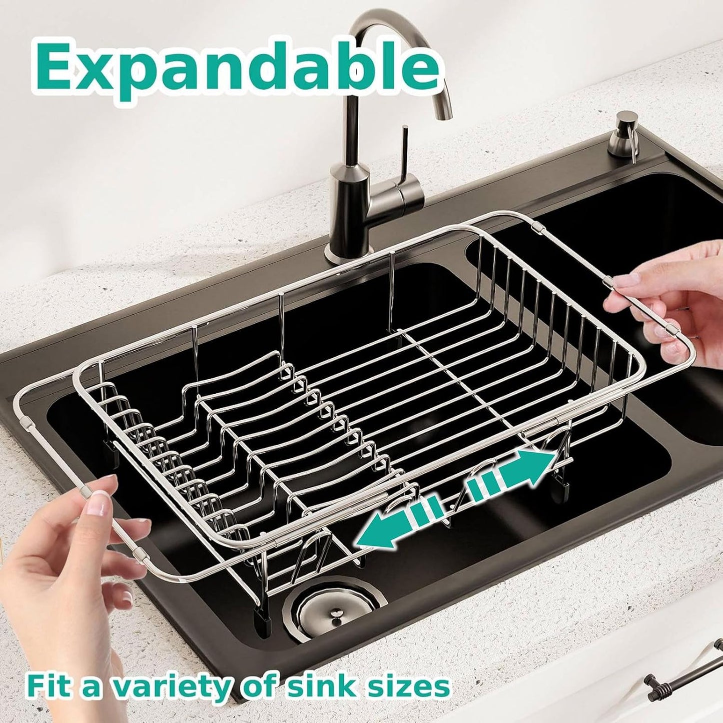 Dish Drying Rack in Sink Expandable Stainless Steel Kitchen Dish Drainer with 4 Cup Holders, Silver