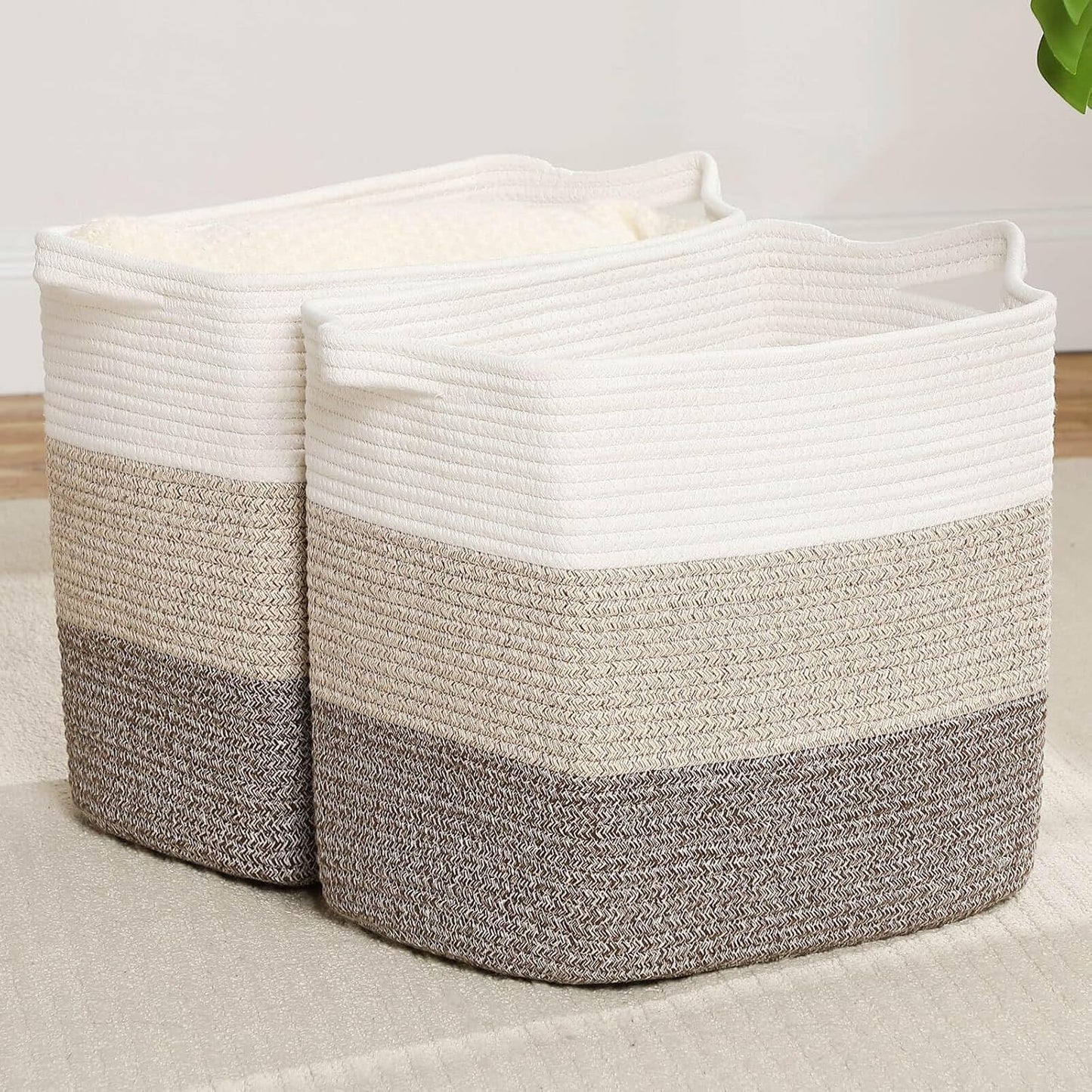 Storage Baskets for Clothes Fabric Cotton Rope Storage Basket with Handles, Decorative Woven Basket for Living Room,Closet Organizer Blankets, and 2bags (Gradient Brown, L17.8×W12.5×H17.9)