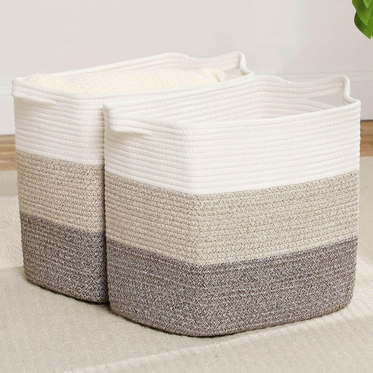 Storage Baskets for Clothes Fabric Cotton Rope Storage Basket with Handles, Decorative Woven Basket for Living Room,Closet Organizer Blankets, and 2bags (Gradient Brown, L17.8×W12.5×H17.9)