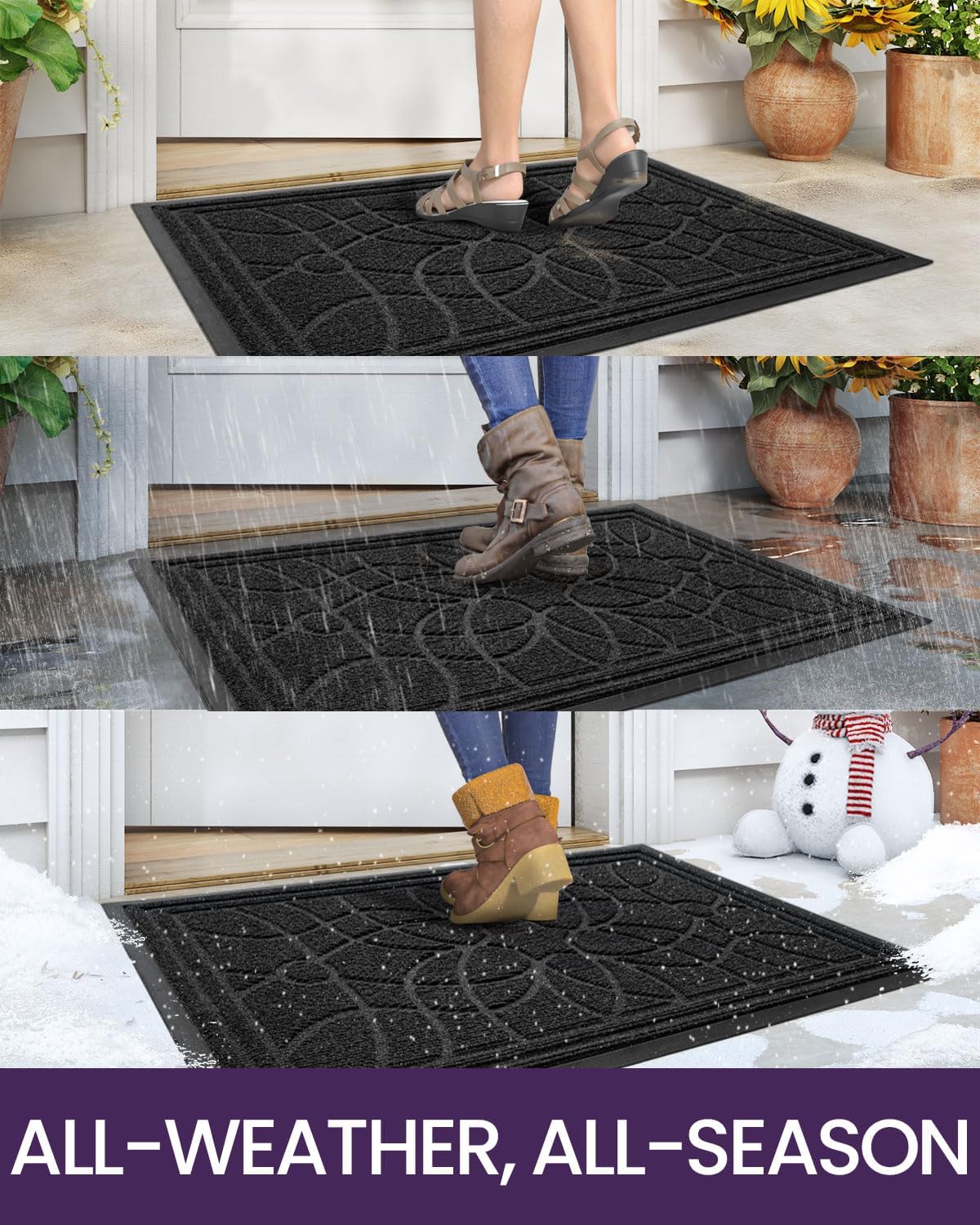 DEXI Front Door Mat Outside Entrance, Heavy Duty Non Slip Low Profile Doormat for Entryway, Trap Dirt and Moisture Welcome Mats, Easy Clean, Patio, Garage, 5x3, Black