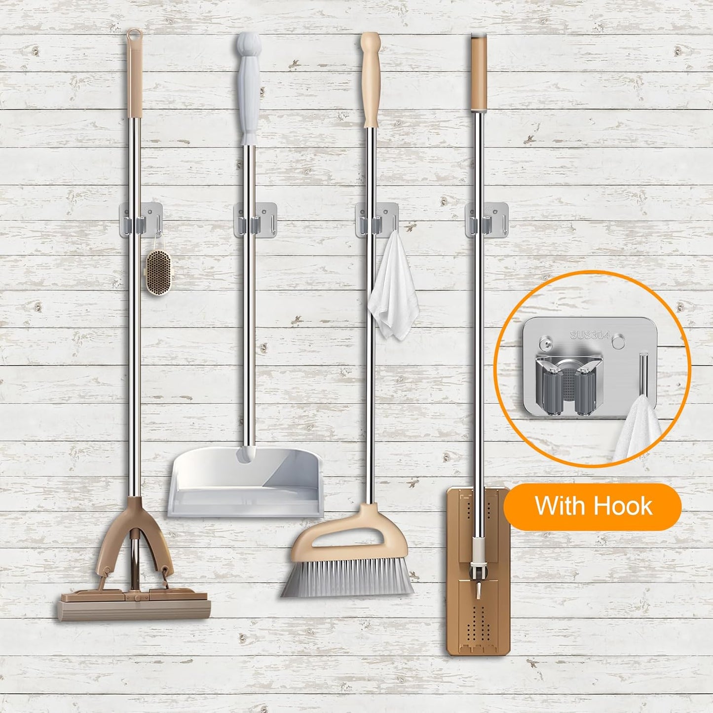 4 Pack Stainless Steel Mop and Broom Holder Wall Mount with Hook, Screw Drilling Mop and Broom Hanger, Single Heavy Duty Storage Rack for Laundry Garage Closet Garden Tool Organizer, Silver