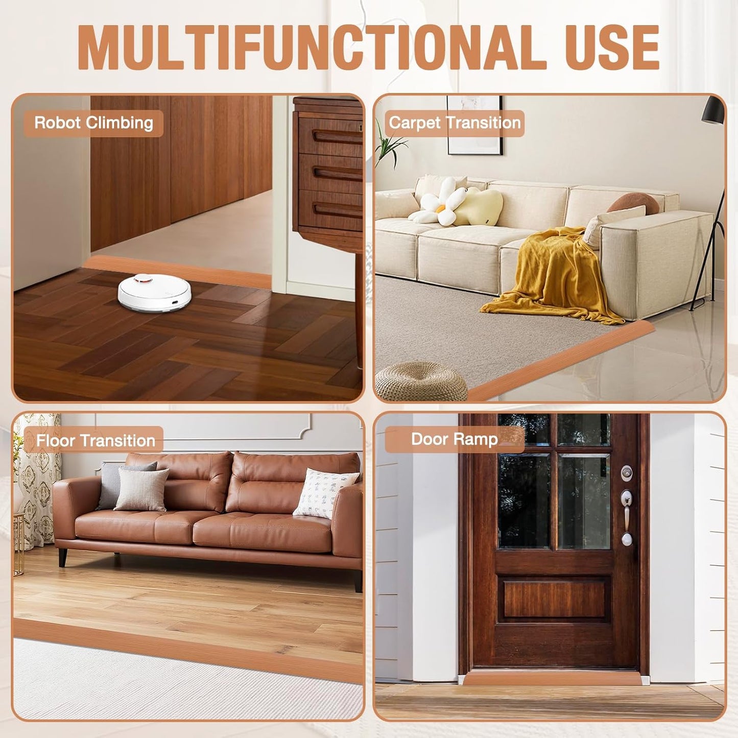 Floor Transition Strip Self Adhesive Vinyl Door Threshold for Doorways Carpet Edging Trim Overlap Edge Reducer for Laminate Floor, Carpet, Tile (Yellow Oak Grain, 2/5" to 3/5", 3.3Ft)