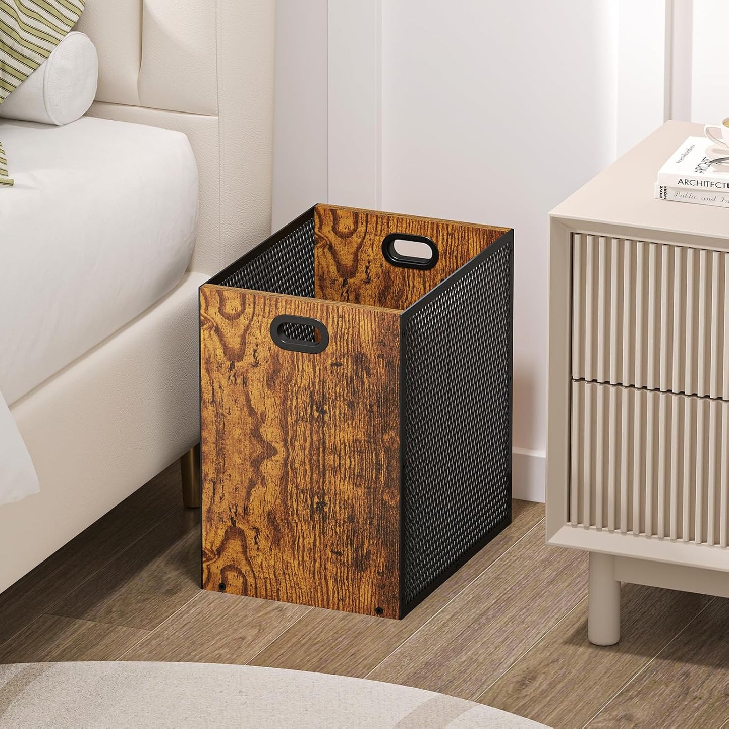 Retro Office Trash Can, Iron and Wood Combination Bedroom Garbage Can, Rectangular Design Wastebasket with Handle, Industrial Style Trash Can for Home Office, 4.5 Gallon (Patent Pending)