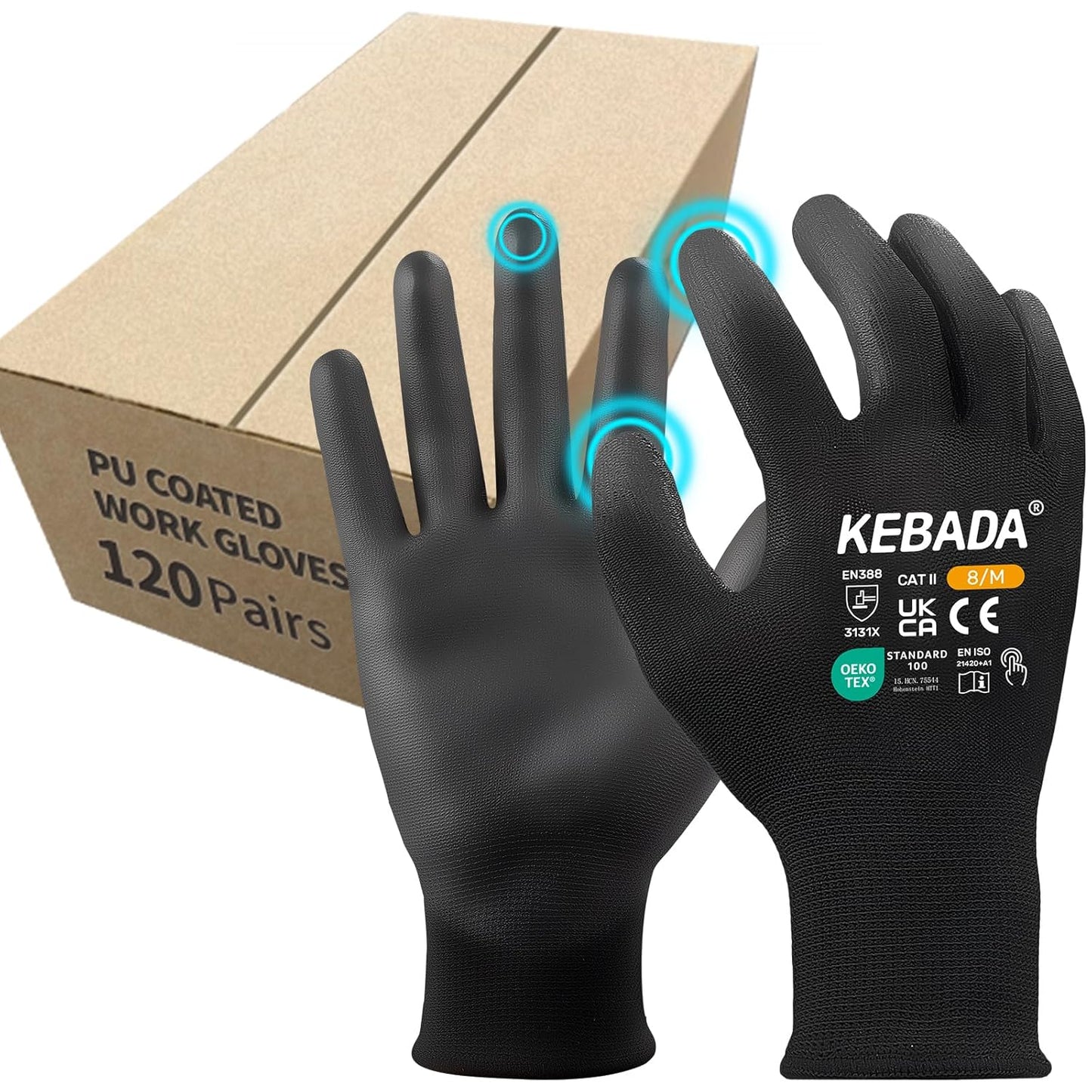Kebada Safety Work Gloves,120 Pairs Bulk Pack, Touchscreen, PU Coated, Ideal for Warehouse, Construction, Gardening and Mechanics, Black, XX-Large