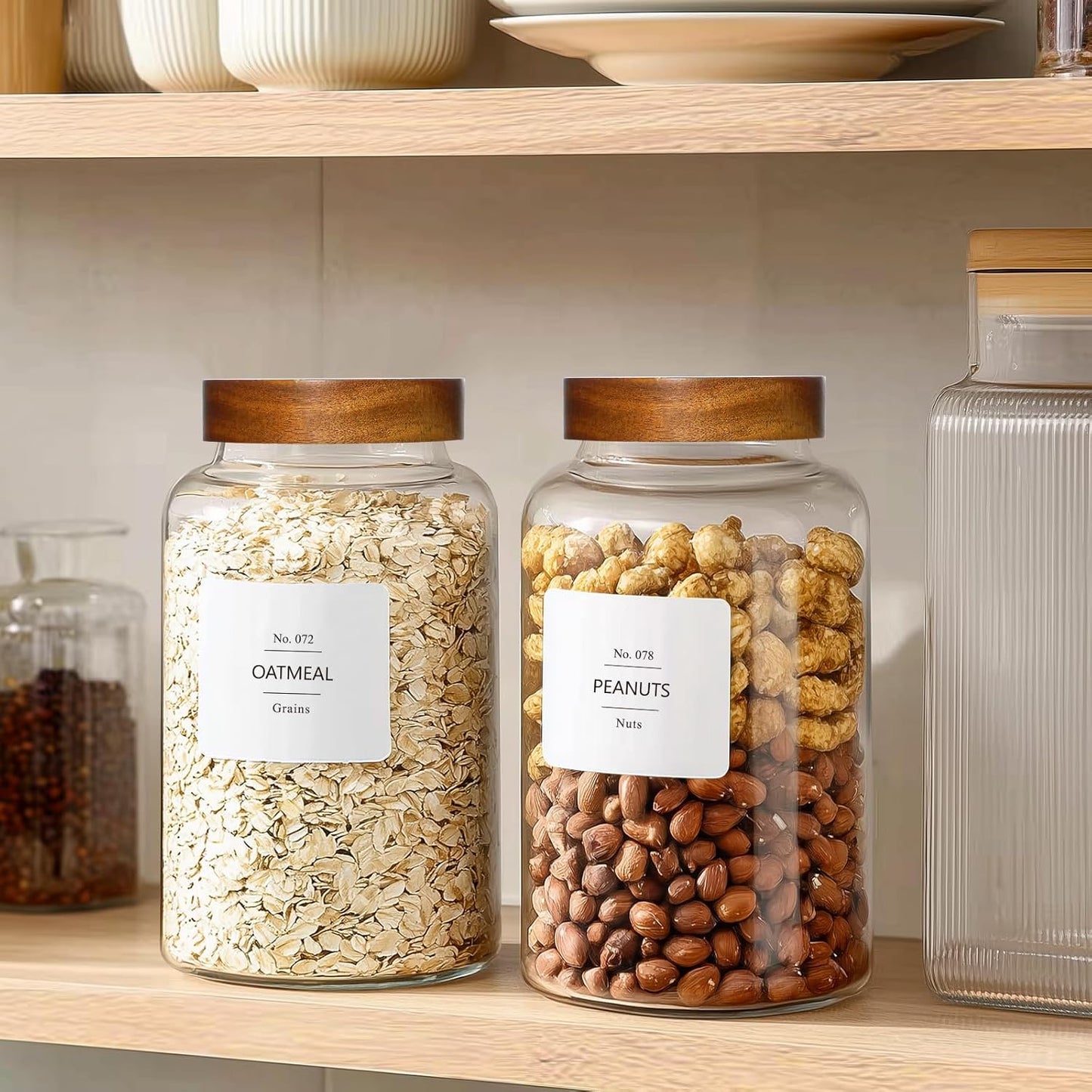KEYWING 88oz Large Glass Jars with Airtight Acacia Wood Lids, Set of 3 Food Storage Containers for Flour, Sugar, Rice, Pasta, Cereal, Cookies – Includes 126 Labels