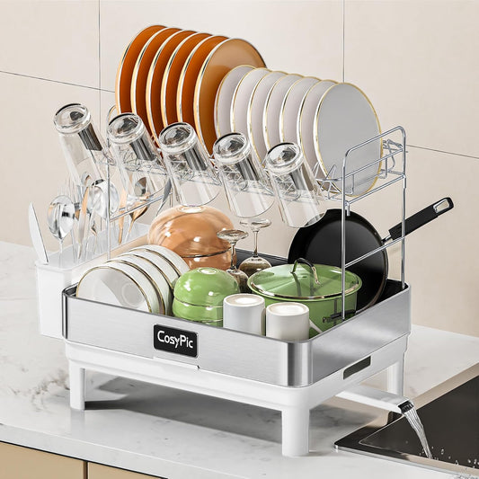2 Tier Dish Drying Rack, Thicker Premium 304 Stainless Steel Dish Racks for Kitchen Counter, Automatic Drainage Spout, Dish Drainer & Drainboard Set with Utensil Holder and Cup Holder, White