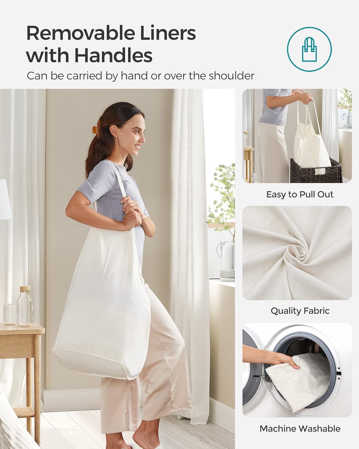 SONGMICS Laundry Hamper with Lid, 90L Clothes Hamper with 2 Removable Liner Bags, 6 Mesh Bags, Wicker Laundry Basket, Double Laundry Hamper for Bathroom, 13 x 18.1 x 23.6 Inches, Brown ULCB251K01V1