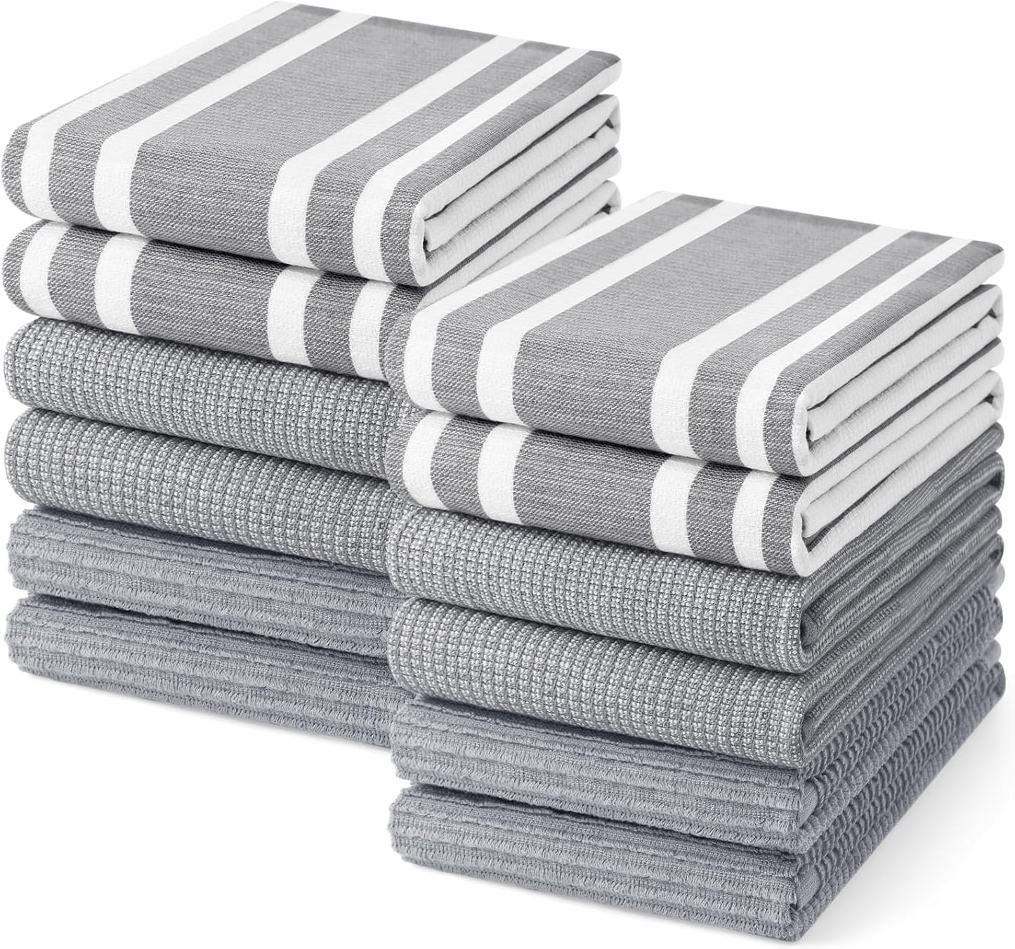Homaxy Premium Kitchen Towels(18”x 28”, 12 Pack), Large Cotton 380 GSM Kitchen Hand Towels, Soft and Absorbent Terry Dish Towels, Multipurpose Tea Towel Set with Hanging Loop, Grey