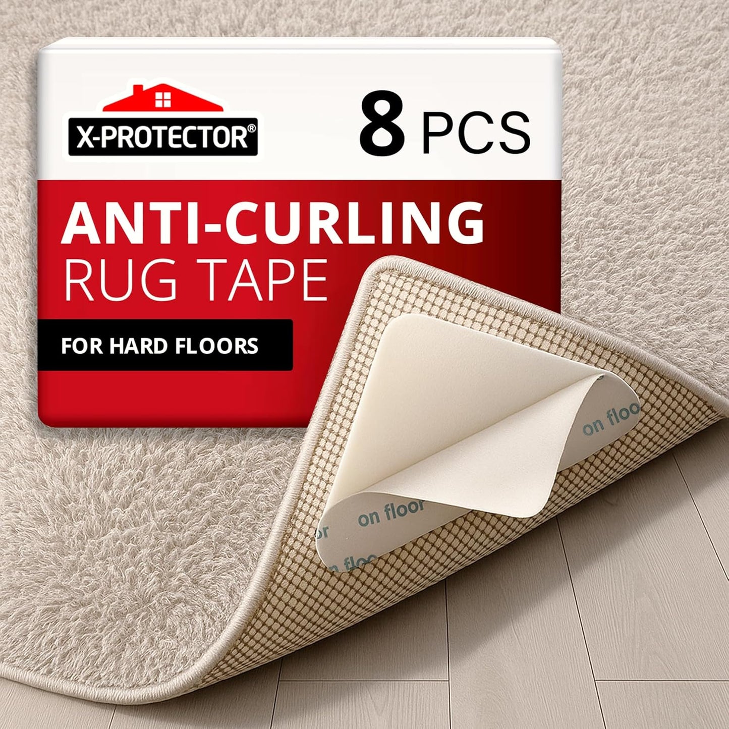 X-Protector Rug Tape - 8 Pcs Set - White Anti-Slip & Anti-Curling Carpet Tape for Hard Floors - Premium Rug Pad Gripper - Ideal Carpet Corner Grippers to Keep Your Carpet in Place & Make Corners Flat