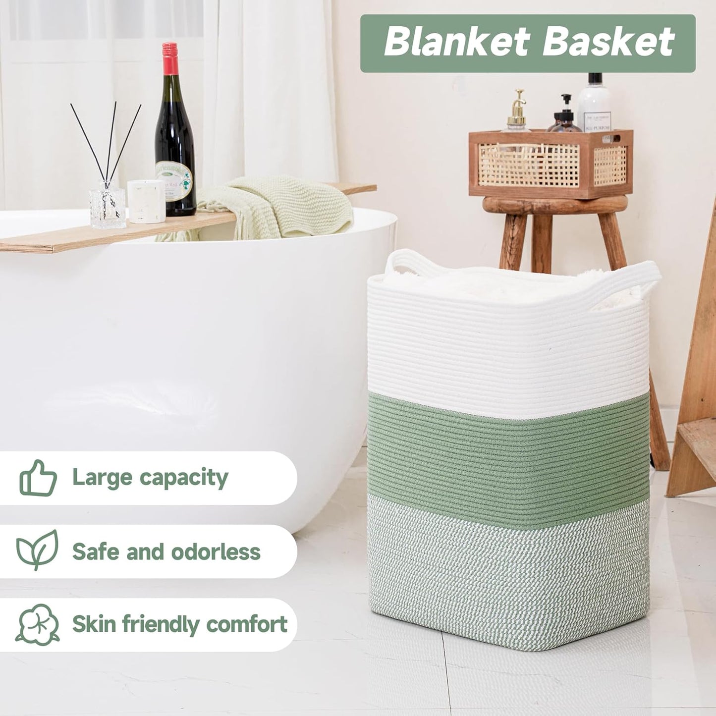 CLHMILY&Z 95L Laundry Basket Rectangular Green Rope - 16x15x24 Inches - Dirty Clothes and Soft Storage Bin for Blankets, Toys, and Nursery Essentials