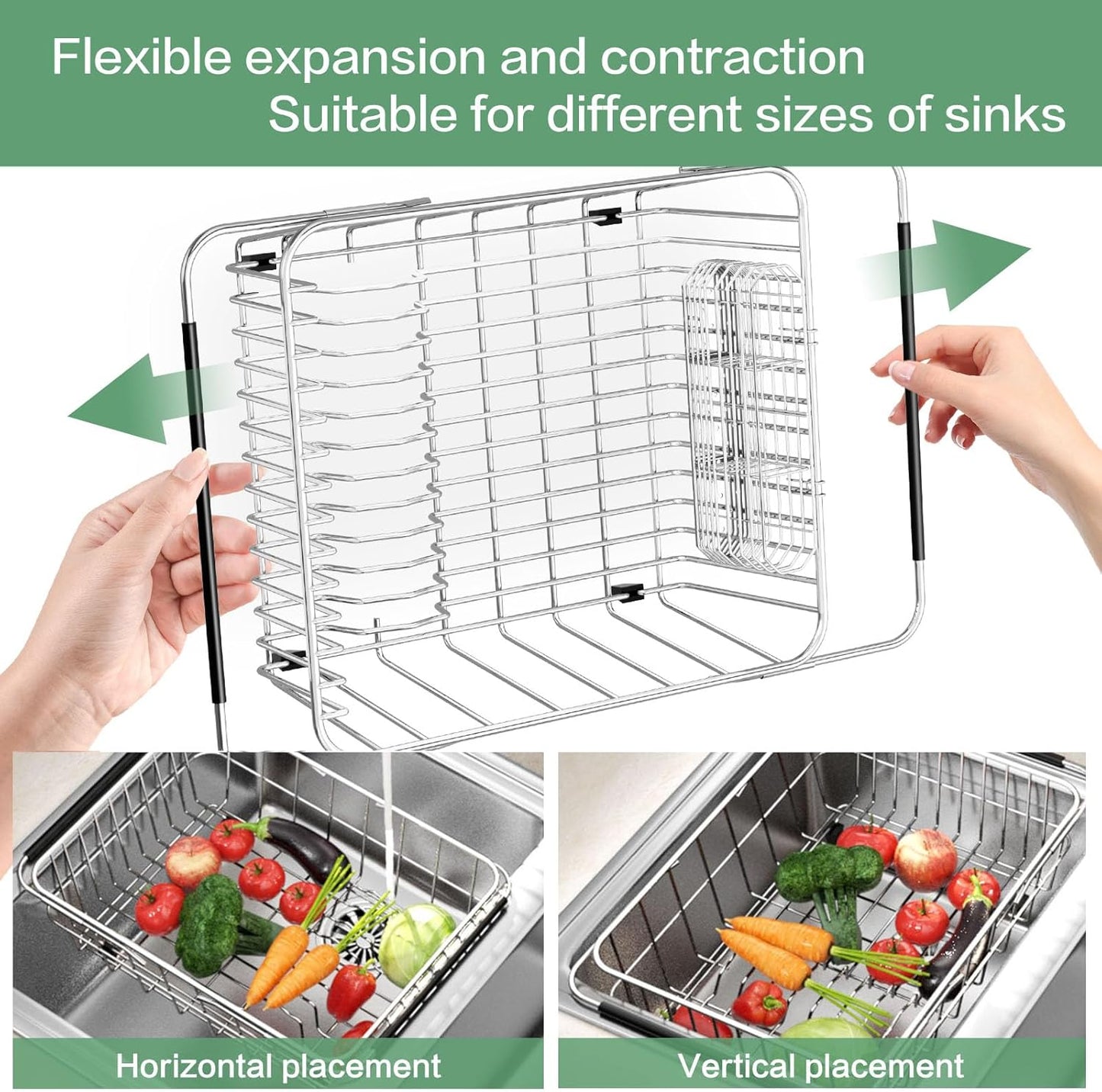 Large Sink Dish Drying Rack, Expandable 304 Stainless Steel Metal Dish Drainer Rack Organizer Shelves with Stainless Steel Utensil Holder Over Inside Sink, Rustproof