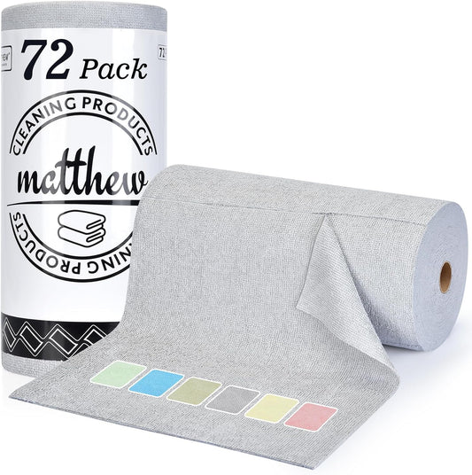 Matthew Microfiber Cleaning Cloth Roll 72Pack (12" x 12") Reusable Paper Towels&Washable Tear Away Towels,Ultra Water Absorbent Lint&Streak Free Cleaning Rags for Glass,Dishwash,Bathroom,Cars-Grey