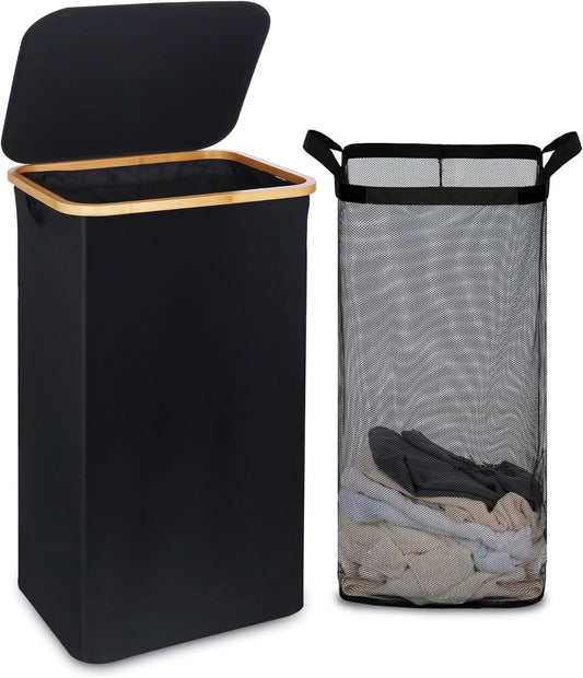 100L Laundry Basket with Lid and Net Bag, Tall Laundry Hamper with Bamboo Handles, Aesthetic Dirty Clothes Bin for Laundry Room, Bathroom, Bedroom and Dorm, Black