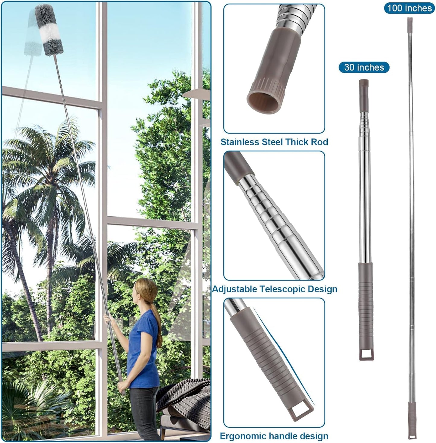 Microfiber Duster, 4PCS with Extension Pole(Stainless Steel) 30 to 100 Inches, Reusable Bendable Dusters, Washable Lightweight Dusters for Cleaning Ceiling Fan, High Ceiling, Blinds, Furniture, Cars