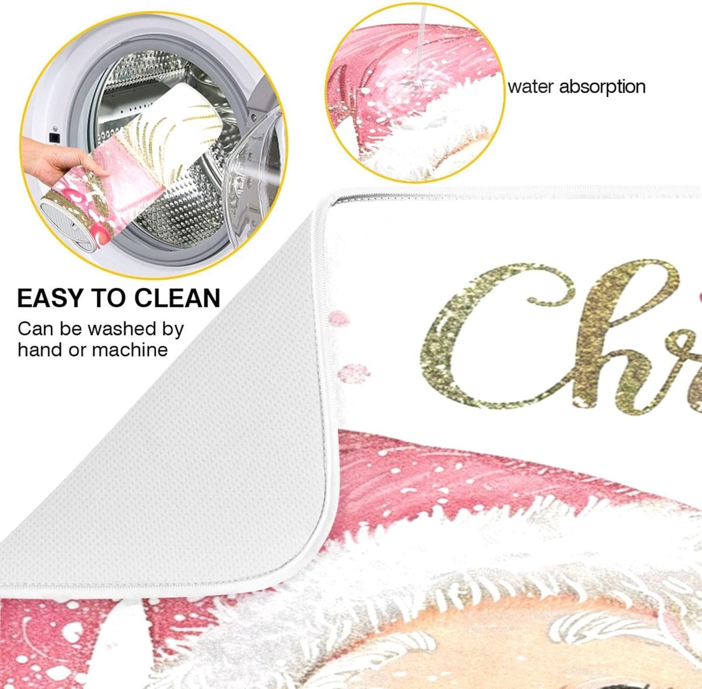 Christmas Santa Claus Pink Dish Drying Mat for Kitchen Countertop 18x24 Xmas Candy Cane Snowflake Large Drying Mat Reusable Quick Dry Dish Sink Mats Easy Clean Decorative Essentials