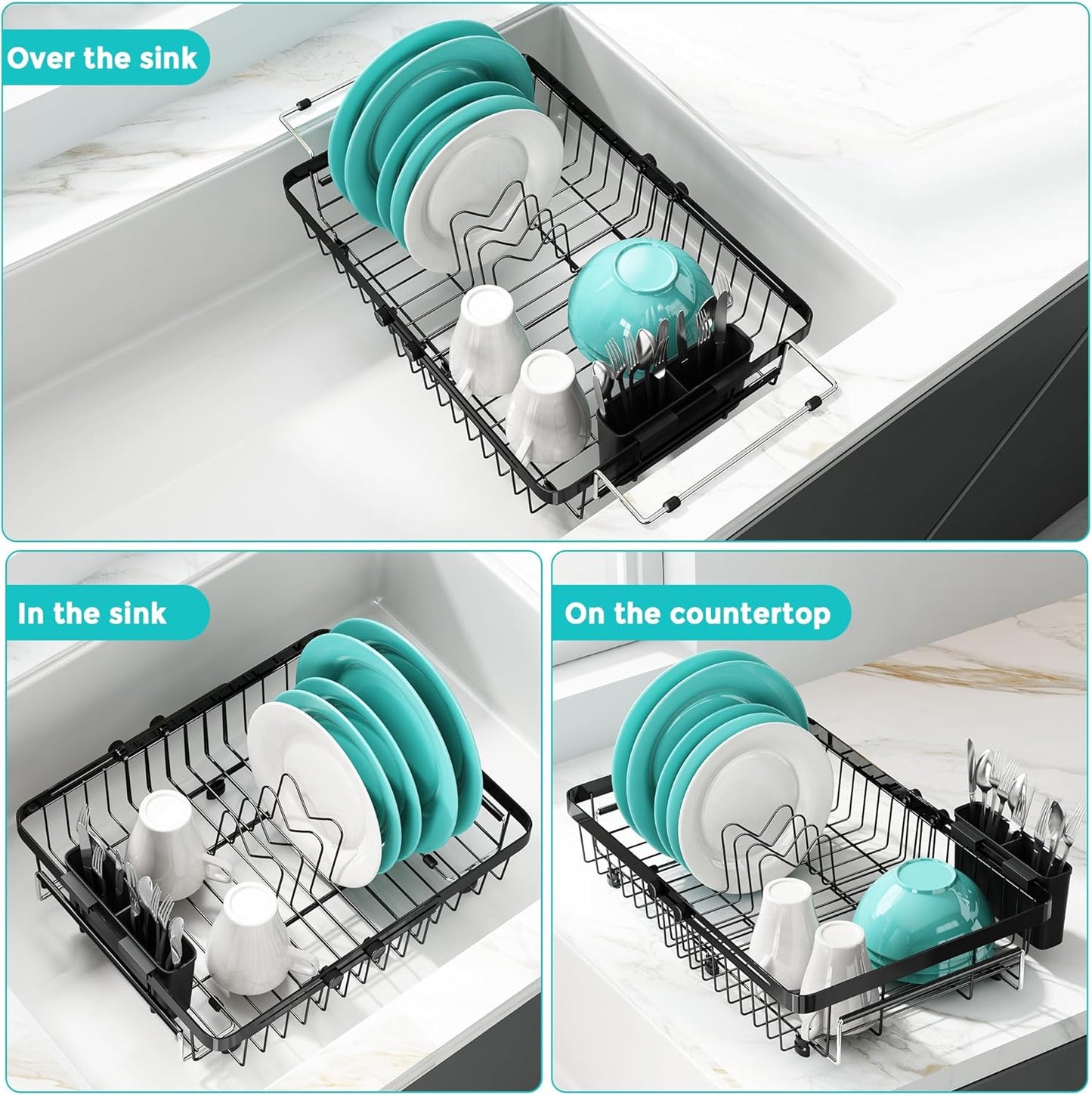 Small Expandable Over The Sink Dish Drainer Drying Rack In Stainless Steel Metal For Kitchen, Counter Space Saving Black Compact Above Plate Dryer Strainer, Adjustable Hanging Inside Sink Drain Holder