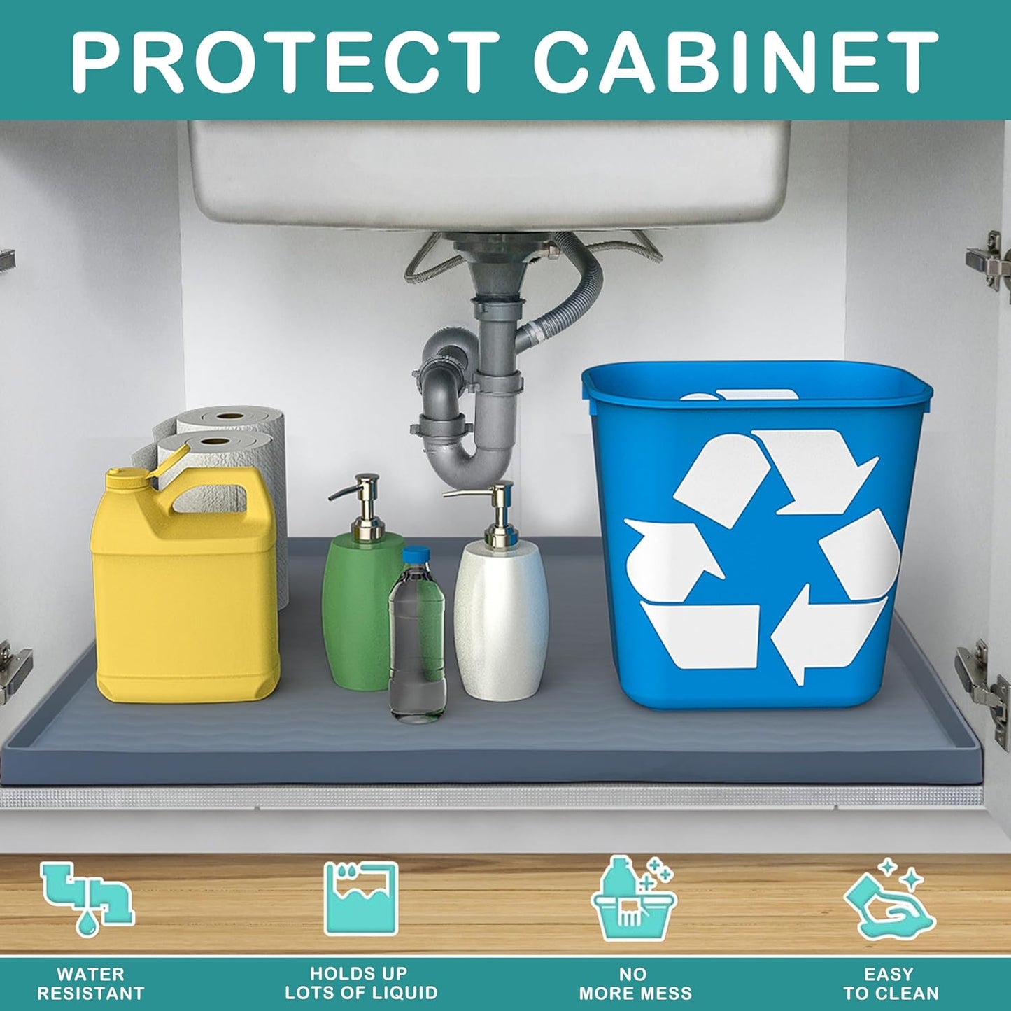 URMONA Waterproof Silicone Under Sink Mat 40'' x 22'' Shelf Liner for Kitchen and Bathroom, Cabinet and Counter Protector, Storage and Organizers, Litter Mat, Pet Cat Puppy Essentials(Black)