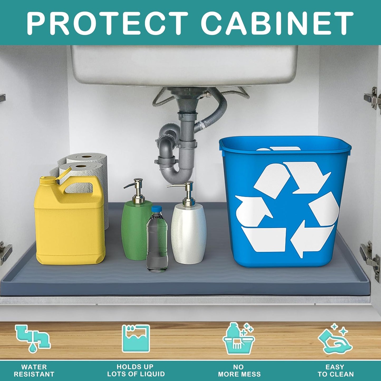 URMONA Waterproof Silicone Under Sink Mat 28'' x 22'' Shelf Liner for Kitchen and Bathroom, Cabinet and Counter Protector, Storage and Organizers, Litter Mat, Pet Cat Puppy Essentials(Light Grey)