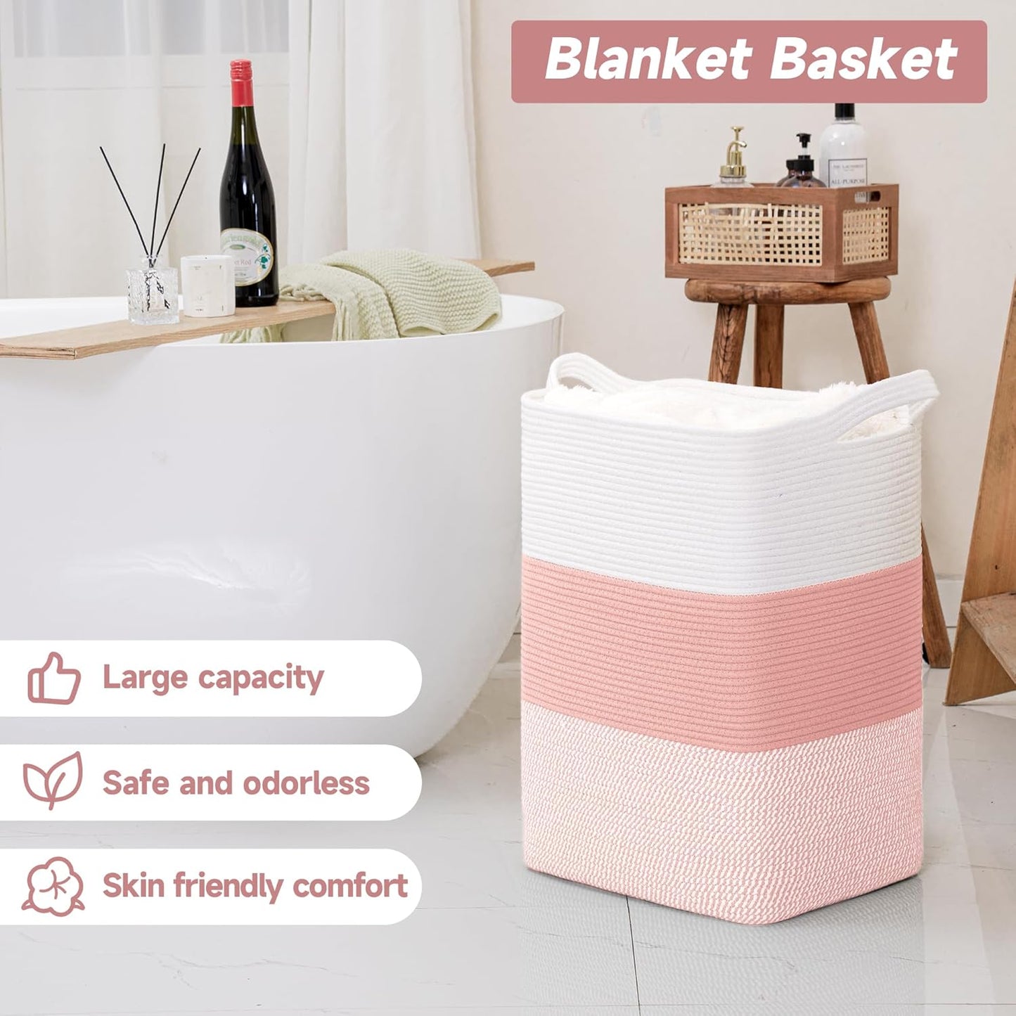 CLHMILY&Z 95L Laundry Basket Rectangular Pink Rope - 16x15x24 Inches - Dirty Clothes and Soft Storage Bin for Blankets, Toys, and Nursery Essentials