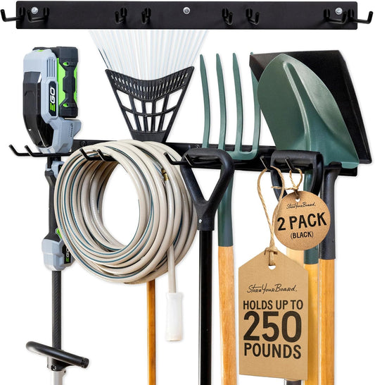 StoreYourBoard Wall-Mounted Rack With 4 Garage Hooks – Heavy-Duty Steel Holder Garage & Garden Storage for Shed, Workshop, or Home Organization – For Rakes, Shovels, Tools & More – 2 Pack, Black