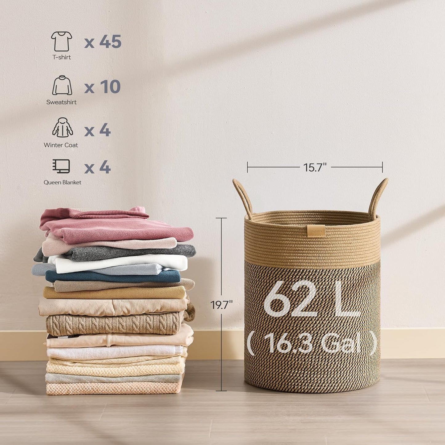 Laundry Hamper 62L,Large Laundry Basket for Clothes,Decorative Storage Basket for Blankets,Cotton Rope Woven basket for bedroom,Dark Brown