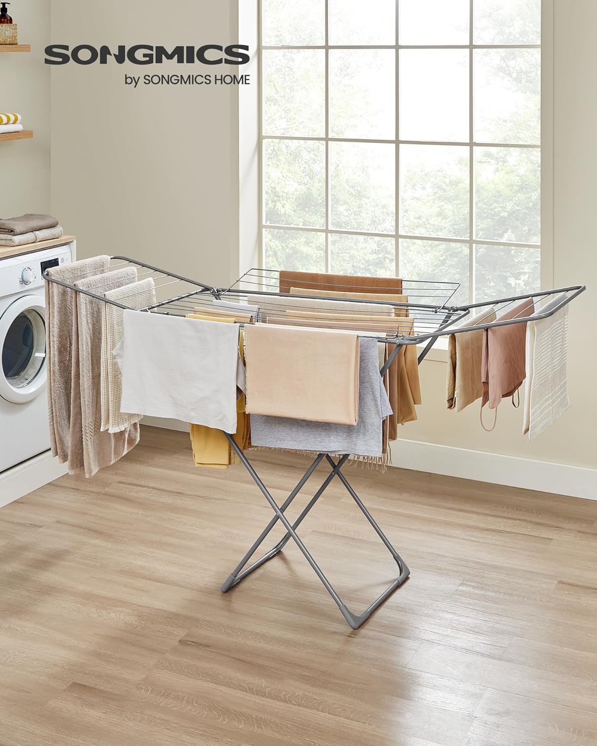 SONGMICS Clothes Drying Rack, Metal Laundry Drying Rack, Foldable, Space-Saving, Free-Standing Airer, with 4 Gullwings, Indoor Outdoor Use, Bed Linen Clothing, Gray ULLR541G01