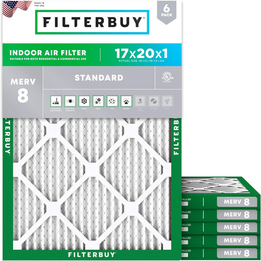 Filterbuy 17x20x1 Air Filter MERV 8 (MPR 700) Dust Defense Replacement (6-Pack), Electrostatic Pleated HVAC AC Furnace Filters, Made in USA (Actual Size: 16.50 x 19.50 x 0.75)
