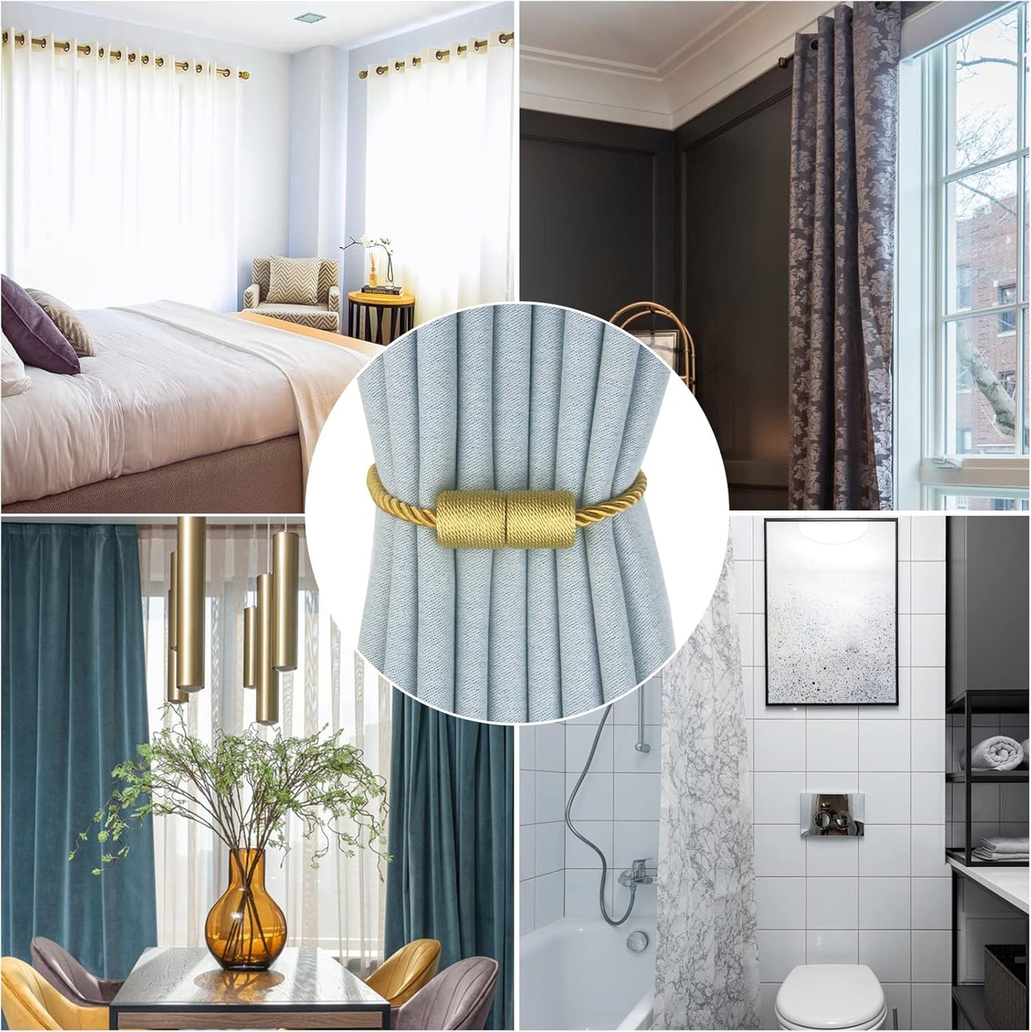 Magnetic Curtain Tiebacks 6 Pack Gold Curtain Rope Tieback Curtain Holders for Drapes Modern Tie Backs Decorative Curtain Holdbacks