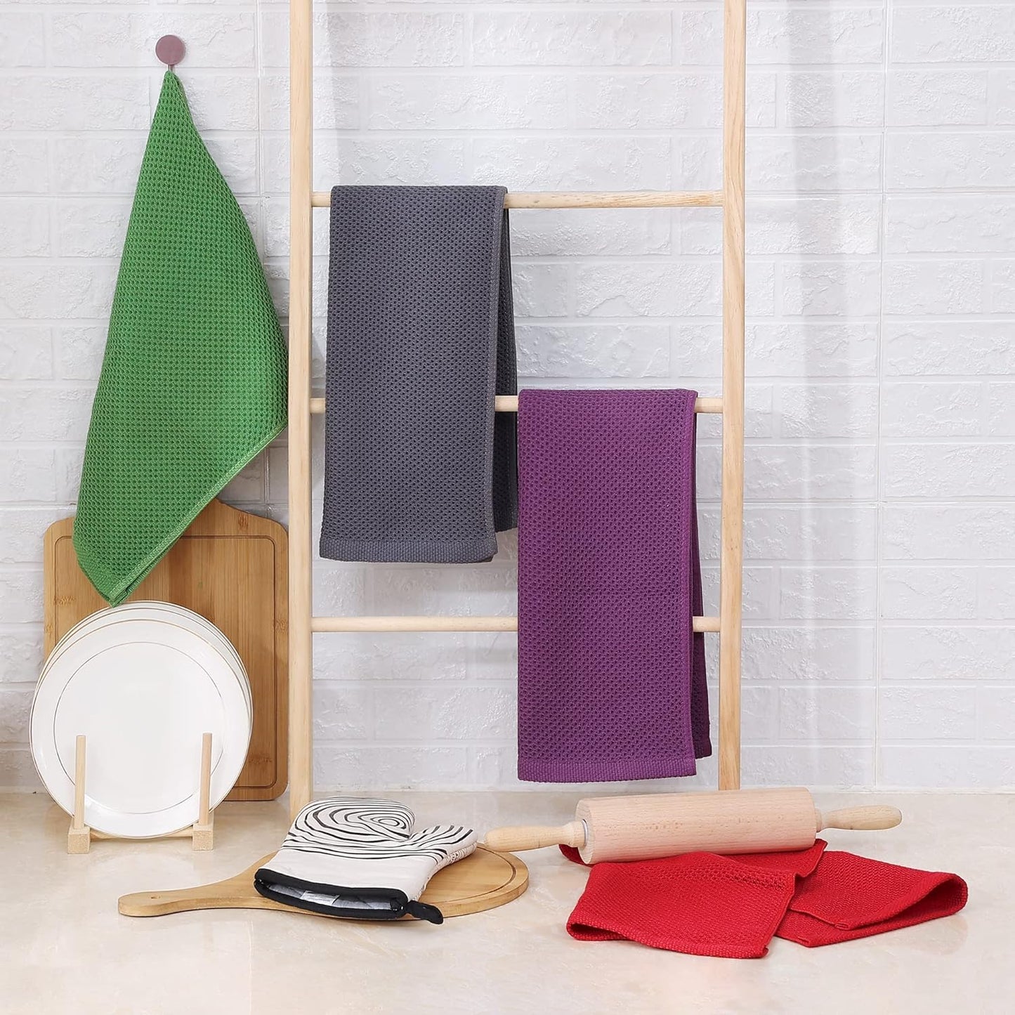 Homaxy 100% Cotton Waffle Weave Kitchen Dish Towels, Ultra Soft Absorbent Quick Drying Cleaning Towel, 13 x 28 Inches, 12-Pack, Red