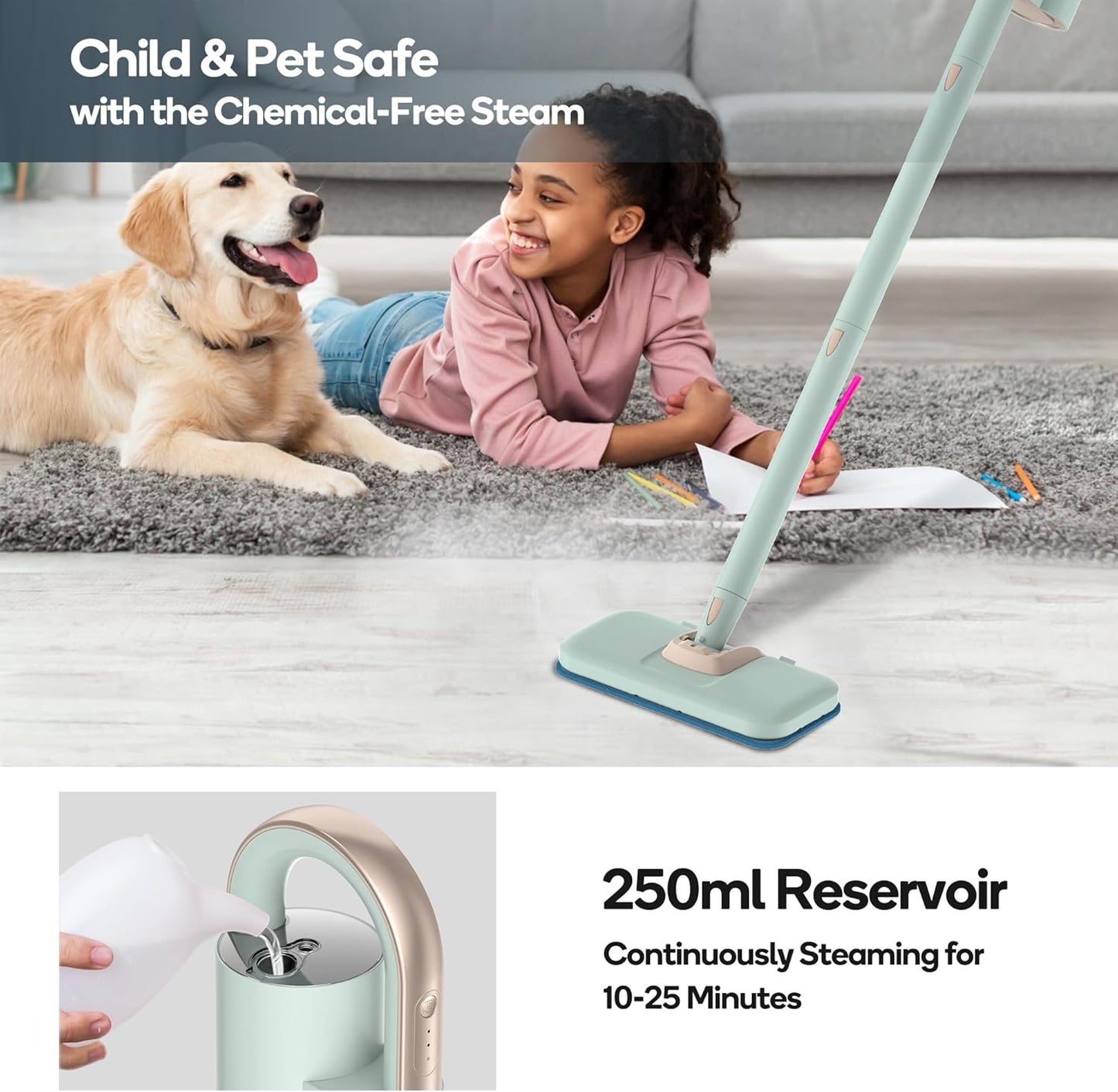 Newbealer Steam Mop & Detachable Handheld Cleaner, 250ml 1200W Powerful Floor Steamer, 3 Adjustable Levels for Carpet Laminate Hardwood Grout, Carpet Glider, 7 Multi-purpose Accessories & 2 Pads