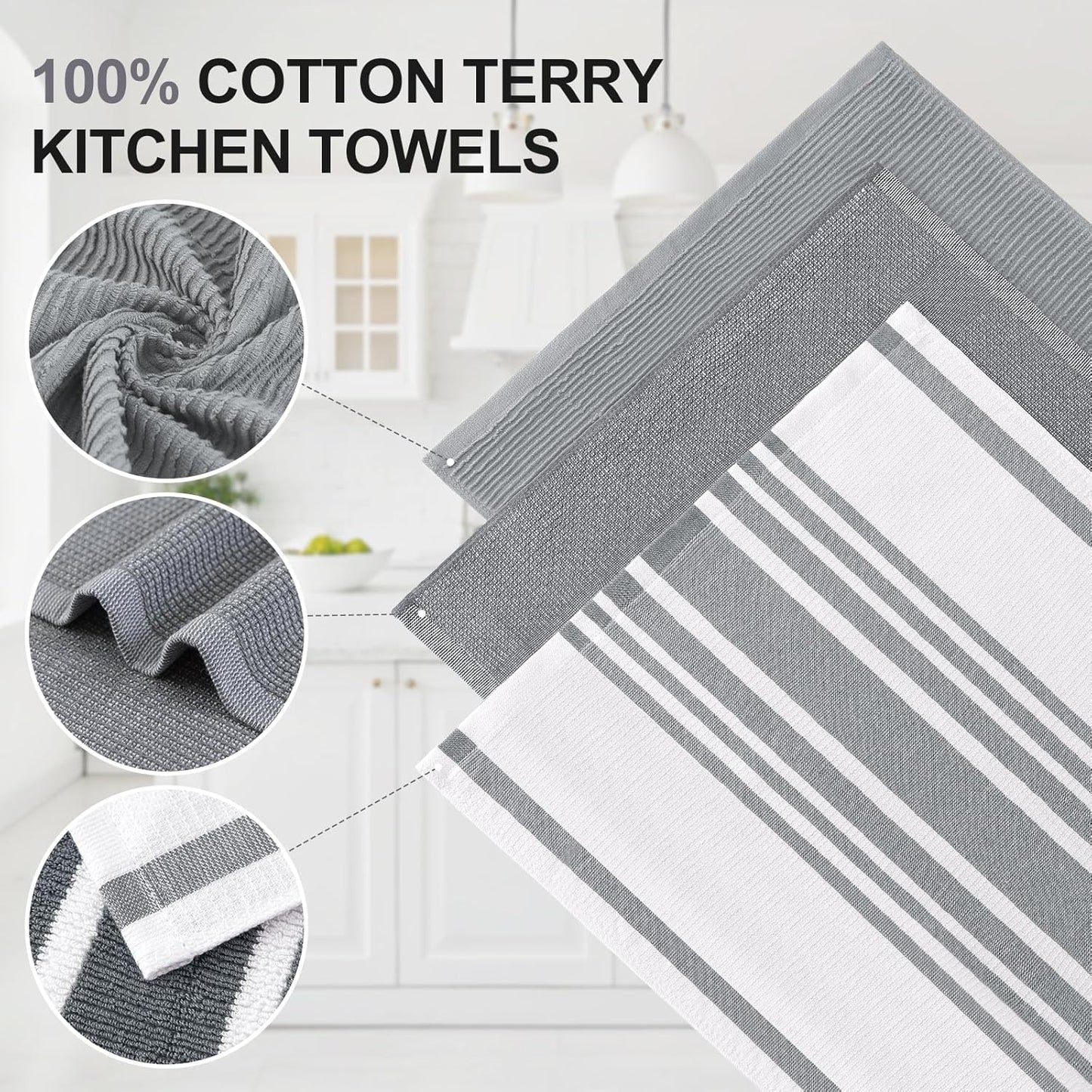 Homaxy Premium Kitchen Towels(18”x 28”, 9 Pack), Large Cotton 380 GSM Kitchen Hand Towels, Soft and Absorbent Terry Dish Towels, Multipurpose Tea Towel Set with Hanging Loop, Grey