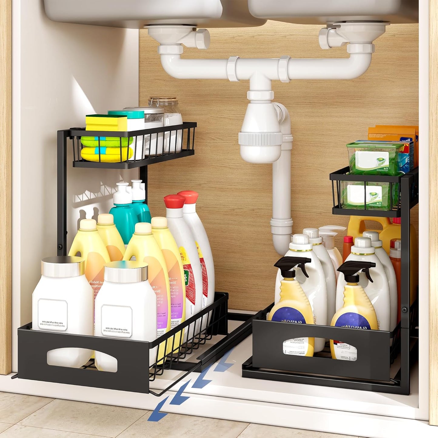 Under Sink Organizer, 2 Pack Height Adjustable Cabinet Organizer with Slide Out Drawer, Pull Out Under Sink Storage, Multi-Purpose 2 Tier Sink Shelves for Kitchen Bathroom Pantry (Black, 2 Pack)