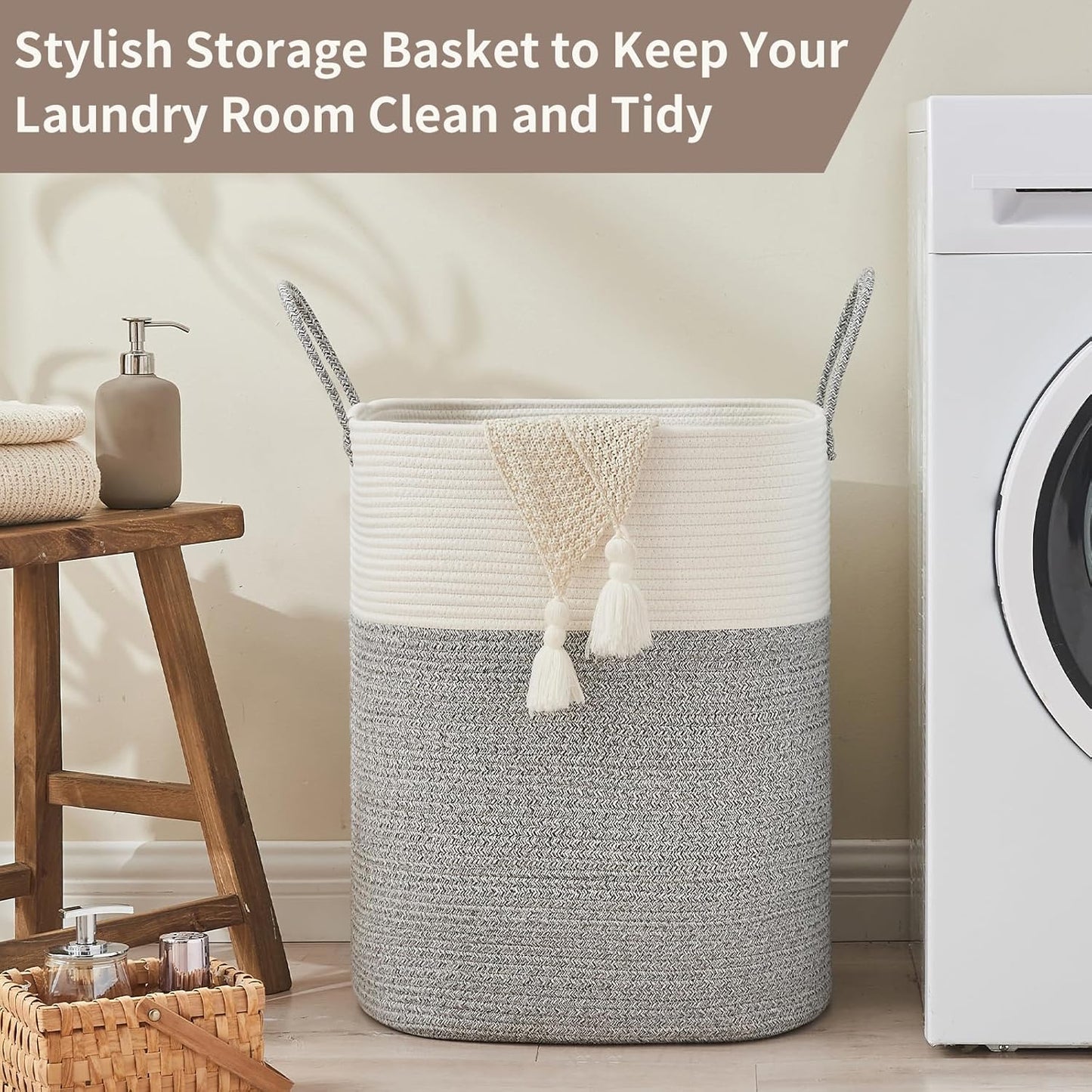 Laundry Basket with Handles - Blanket Basket & Hampers for Bedroom Aesthetic, Laundry Hamper & Blanket Storage for Living Room, Clothes Hamper, Tall, Large 17" x 14" x 24”, White & Grey
