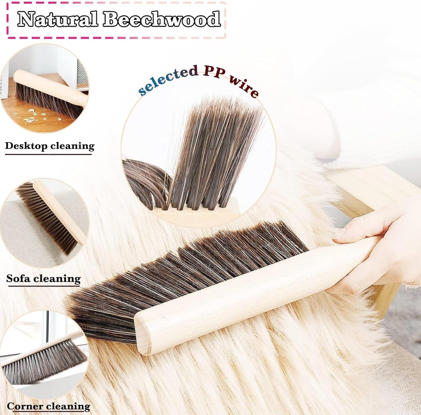 2Pcs Hand Broom Brush Beech Wood,Dust Brush,Duster for Counter,12inch Foxtail Bench Brush, Round Handle Handheld Brushes,5 Rows Soft Bristles for Bed,Shop Table,Woodworking Cleaning,Car,Sofa