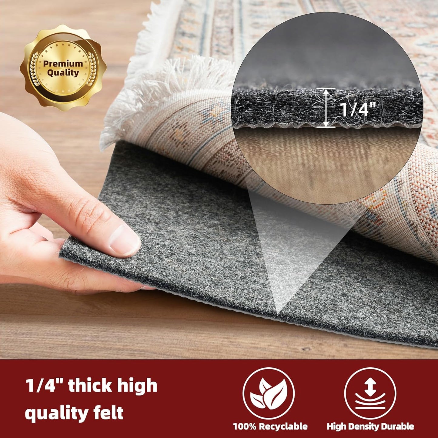 BAGAIL Felt and Natural Rubber Backing Rug Pads 1/4” Thick, 2 x 6 Ft Non Slip Carpet Gripper Keep Rugs in Place, Under Area Rug Protective Cushioned Pads, Carpet Runners, Hardwood Floors Protection