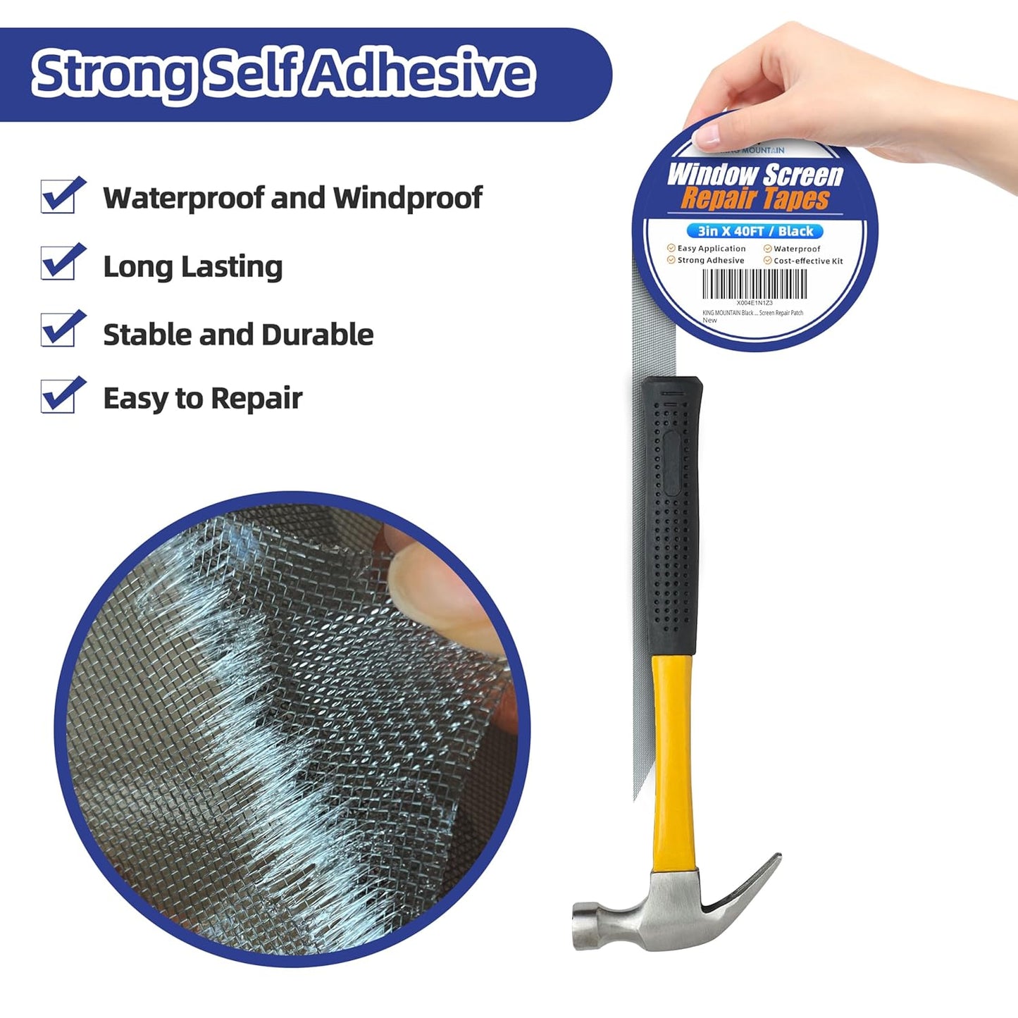 KING MOUNTAIN Black Window Screen Repair Tape,3inX40FT Heavy Duty Screen Repair Kit for Window Screen and Screen Door Tears Holes,Strong Adhesive & Waterproof Window Screen Patch
