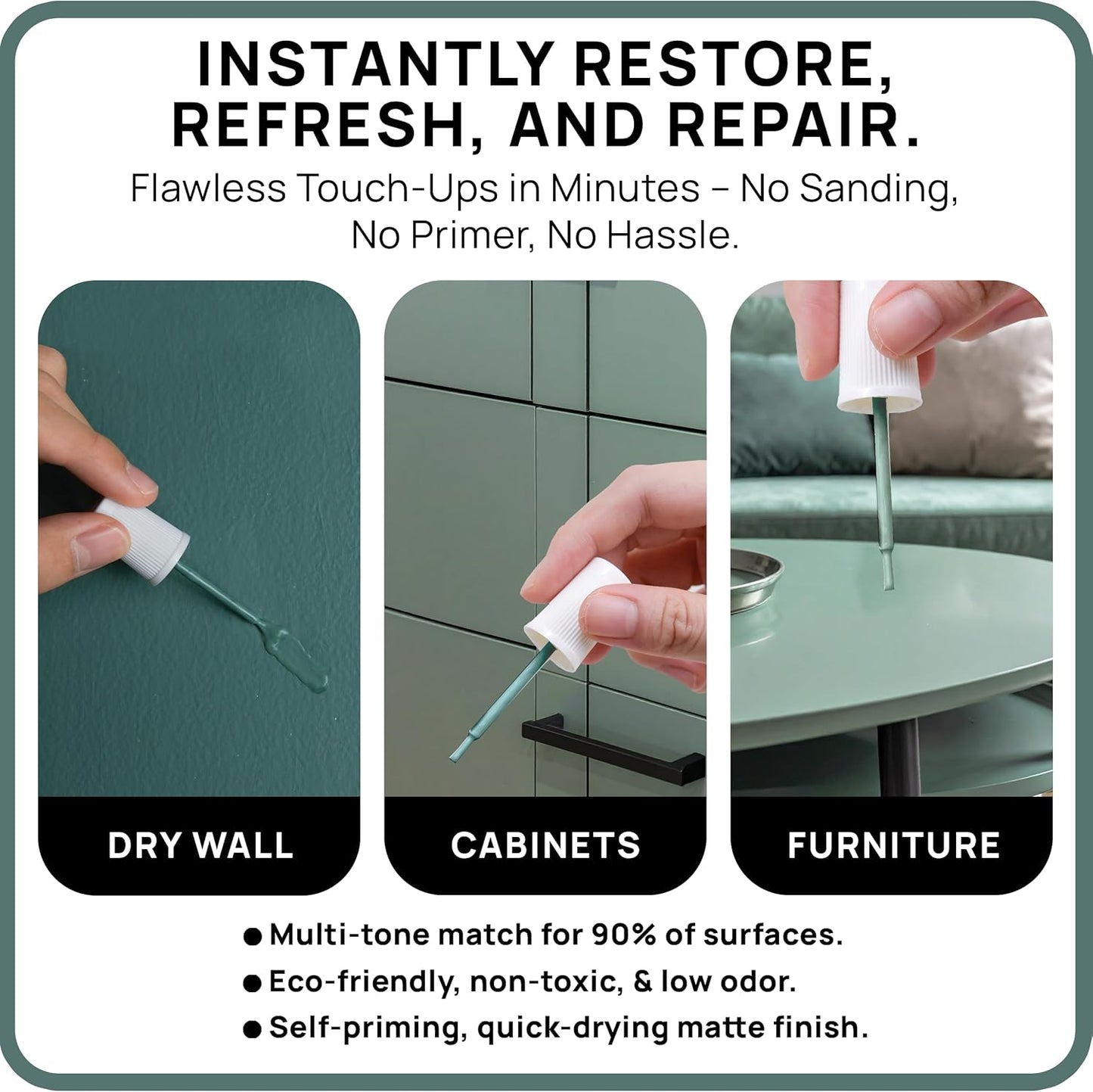 spot. Touch-Up Paint | Matte Finish for Cabinets, Walls, Doors & Furniture | Multi-Tone Green Repair Kit | Quick-Dry, Self-Priming, Low-Odor, Eco-Friendly | No-Sanding or Primer Needed | 3 Pack