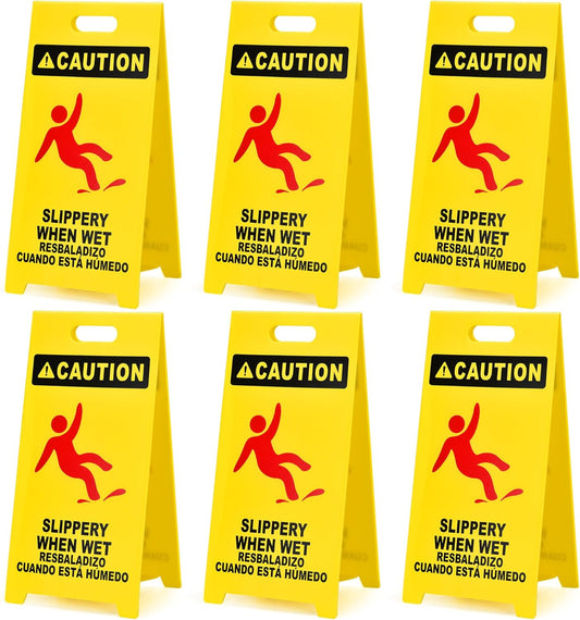 MATTHEW CLEANING 25'' Industrial Wet Floor Sign 6 Pack 2-Sided Durable Corrugated Plastic Birght Yellow Multilingual Warning Signs Commercial Caution Wet Fold-out Floor Signs For Indoors