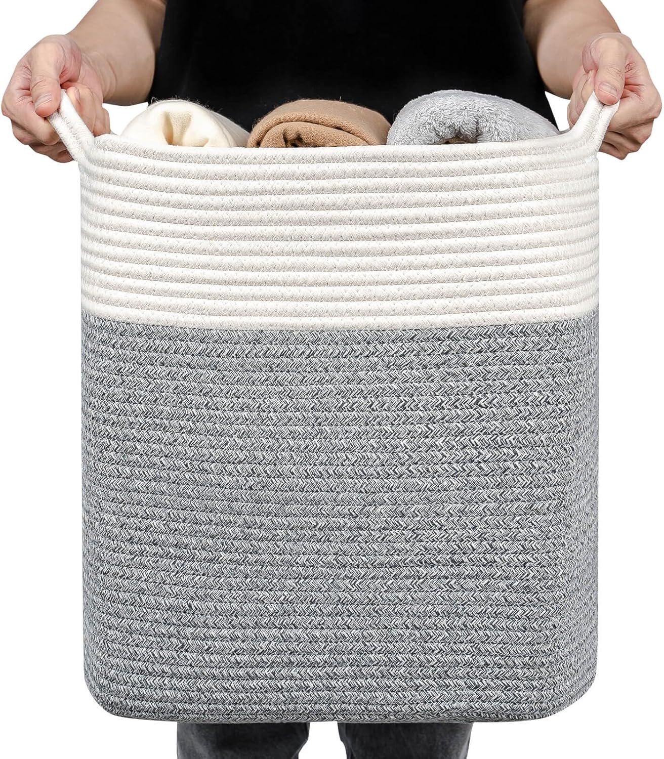 Medium and Large Woven Basket//With Handle, Used for Toys and Fabric Storage Basket used for Storing xl Storage Box, Decorative Storage Box Room (14L*15.7H R Silver Gray, 14L*10W*15.7H)