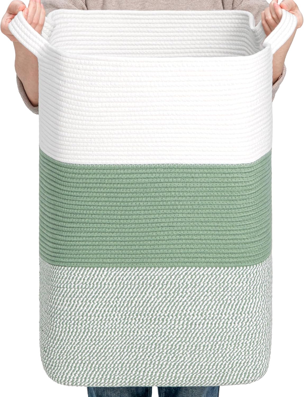 CLHMILY&Z 95L Laundry Basket Rectangular Green Rope - 16x15x24 Inches - Dirty Clothes and Soft Storage Bin for Blankets, Toys, and Nursery Essentials