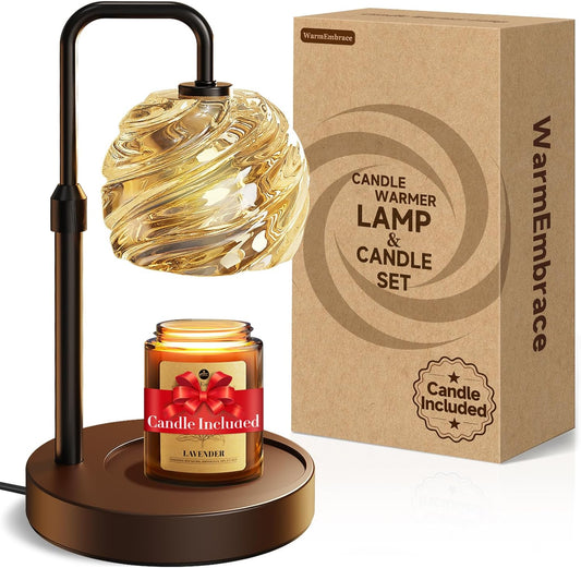 WarmEmbrace Candle Warmer Lamp with Lavender Candle Set, Electric Wax Warmer Lamp with Auto Timer & 4 Dimmable Lights, Adjustable Height for Jar Candles, Elegant Home Decor Gift for Women, Black