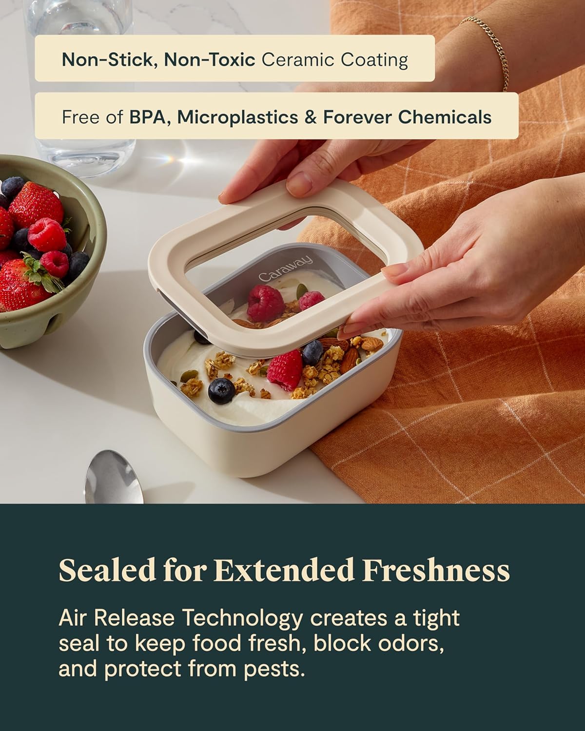 Caraway 6pc Glass Food Storage Set - 2.6 Cup Storage Containers For Food (6) - Non-Toxic Ceramic-Coated Glass - Air Release Technology - Compact & Stackable Design - Gray