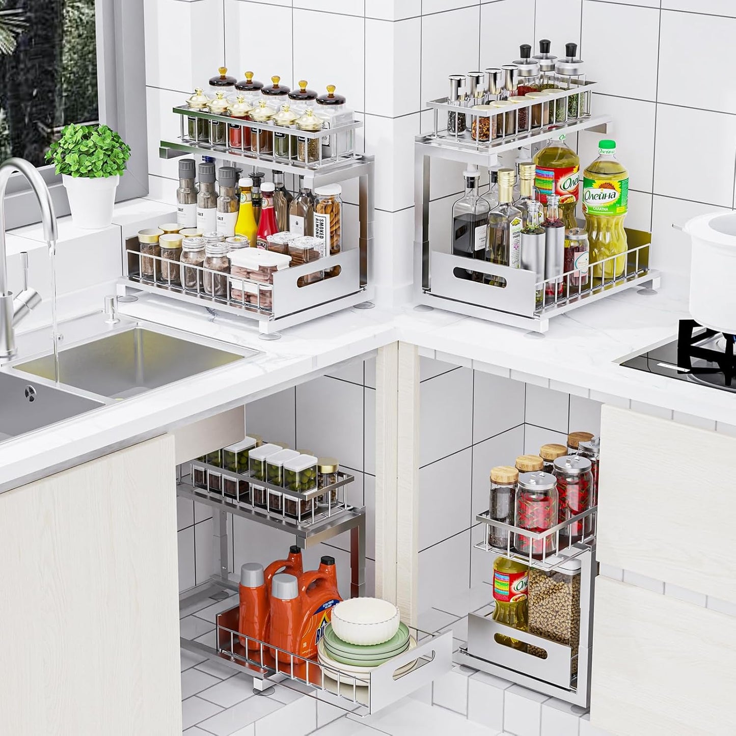 Under Sink Organizer Storage 2-Tier Heavy Duty Metal Pull Out Cabinet Organizer Slide Out Sink Shelf Organizer Height Adjustable, Multi-Purpose Storage Shelf for Kitchen Bathroom (Silver, 1 Pack)