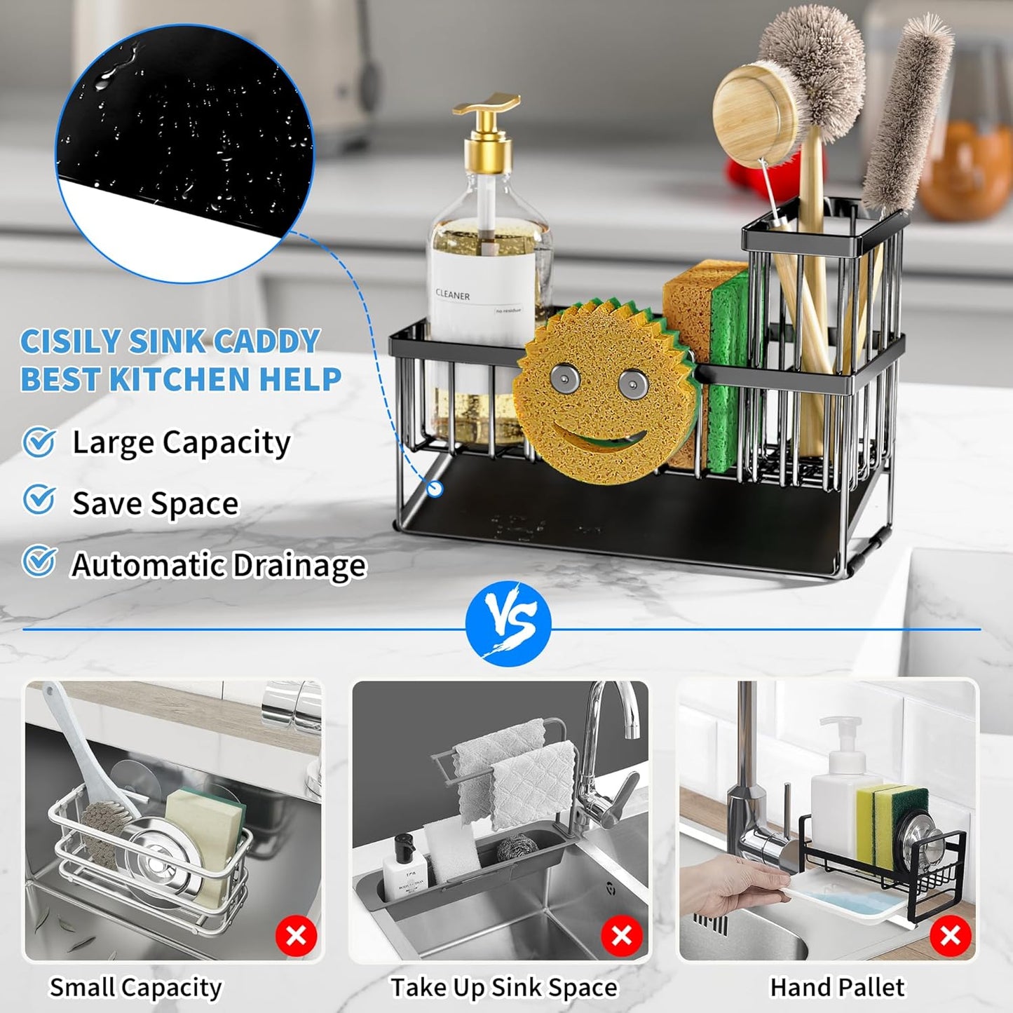 Cisily Sink Caddy With Smiley Face Sponge Holder, 304 Stainless Steel Rustproof(Black)