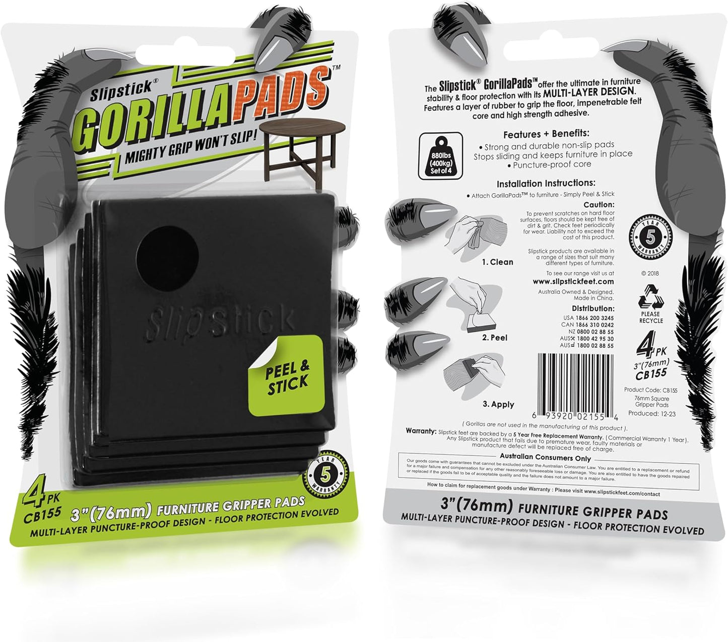 Slipstick GorillaPads Non Slip Furniture Pads/Gripper Floor Protectors (Set of 4) 3 Inch Square Self Adhesive Rubber Stoppers for Furniture Legs, CB155