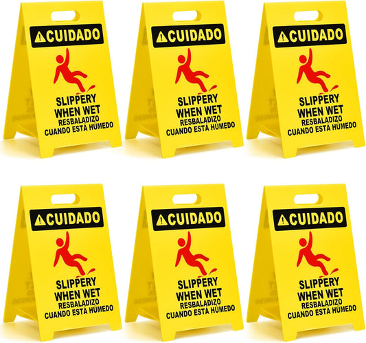 MATTHEW CLEANING 19'' Industrial Wet Floor Sign 6 Pack 2-Sided Durable Corrugated Plastic Birght Yellow Multilingual Warning Signs Commercial Caution Wet Fold-out Floor Signs For Indoors