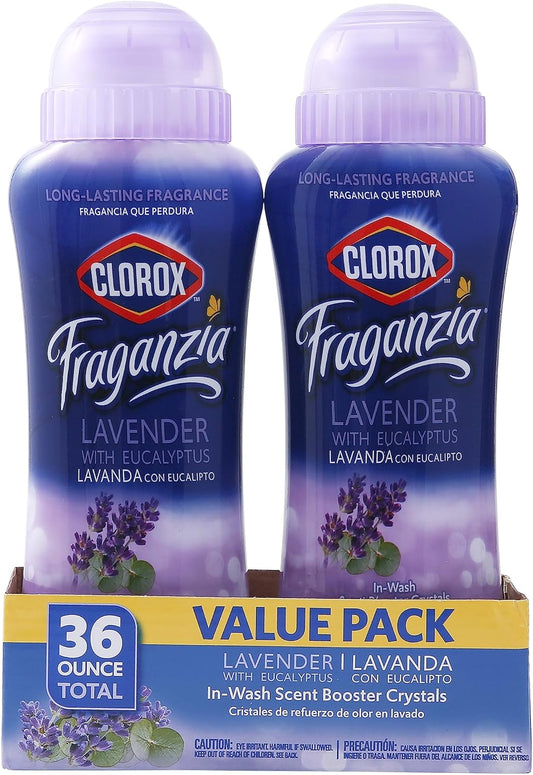 Clorox Fraganzia Laundry Scent Booster Crystals in Lavender with Eucalyptus Scent - Scented In-Wash Freshener Beads for Fresh, Clean, Great Smelling Clothes and Linens, 18 Oz - 2 Pack